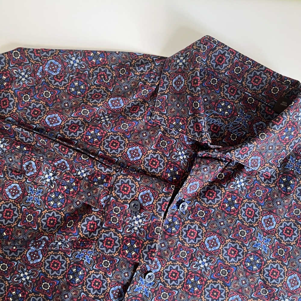 Tasso Elba Mens Medium Medallion Print Button Down Shirt Long Sleeve Navy Red